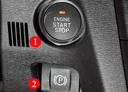 Запускать мотор кнопкой 1 позволено в версиях Executive и Premium. Электронный стояночный тормоз 2 предложен в базе.