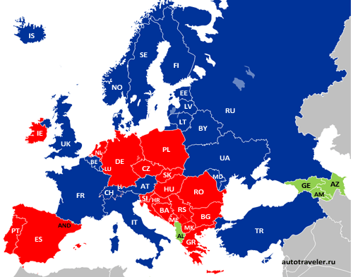 Карта использования ошипованных шин в Европе